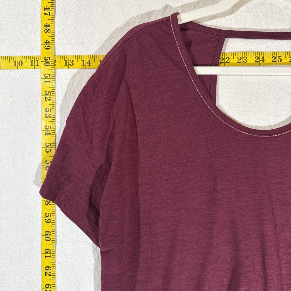 Nike Yoga Dri-Fit Open Back SS Burgundy W/Shimmer Piping Feminine Relaxed Top - Picture 4 of 11